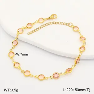 Detail of gold stainless steel anklet with pink round crystals and measurements
