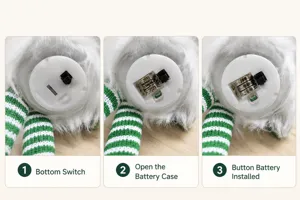 Detailed close-up showing the bottom switch and button battery case of the gnome doll.