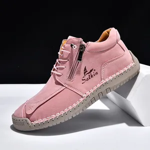Minimalist handmade stitched pink suede casual boots with side zipper and white laces