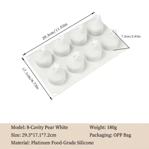 Detailansicht der Abmessungen einer weißen 8-Kammer-Birnen-Silikon-Mousse-Form