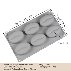 Detailmaße der 6-fachen silikonform in kaffeebohnenform aus lebensmittelechtem silikon