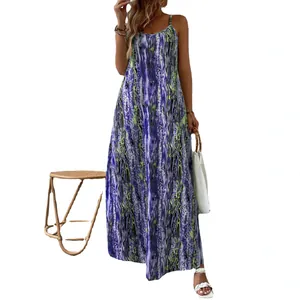 Robe longue à bretelles imprimée bohème violette et verte tendance pour femmes
