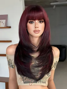 Professional detail shot of a 24 inch high layered burgundy gradient wig with chic bangs