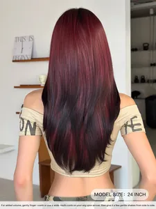 Back view of 24-inch long wine red to black gradient layered wig with smooth texture