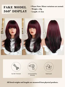 Detail view of burgundy to black gradient wig showing front, side, and back views