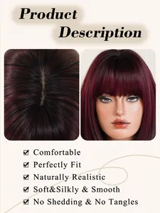 Detailed view of wine red wig showing scalp parting and smooth straight bangs