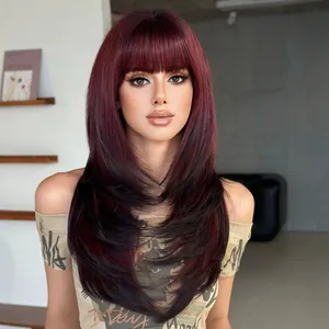 Long Straight Synthetic Wig With Bangs Heat Resistant Ombre Layered Hair Extension For Women Cosplay Party Daily Wear