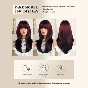 Long layered burgundy ombre black wig with bangs for Halloween parties 24 inch display