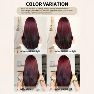 24-inch long straight burgundy to black ombre wig under different lighting conditions