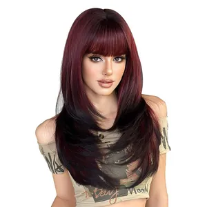 24 inch high layered synthetic wig for women, wine red to black gradient with bangs