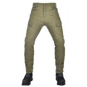 Front view of olive green slim-fit motorcycle riding pants with protective knee panels