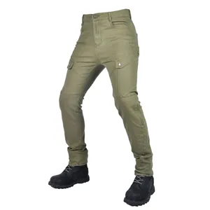 Men's slim fit olive green motorcycle riding pants with reinforced knee panels