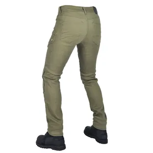 Rear view of olive green slim-fit motorcycle riding pants for men with protective design