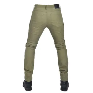 Back view of slim fit olive green motorcycle riding pants with reinforced stitching