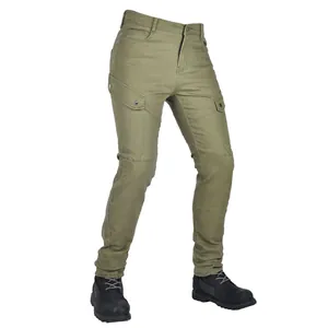 Slim fit vintage olive green motorcycle riding pants for men with protective design details