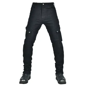 Detailed view of men's slim-fit black motorcycle riding jeans with cargo side pockets