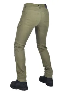 Men's vintage slim-fit olive green motorcycle denim jeans for protective outdoor riding