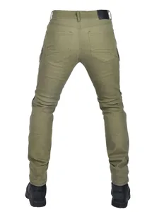 Men's slim fit olive green motorcycle riding jeans featuring back pocket details