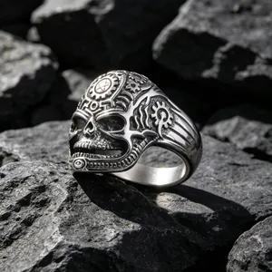 Vintage-Steampunk-Totenkopfring mit Zahnradgravur, aus robustem Edelstahl gegossen.