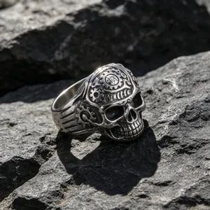 Vintage Edelstahl-Totenkopfring mit filigranen Steampunk-Zahnradgravuren auf grauem Fels