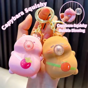 Portachiavi Squishy Capibara Soffio di Bolle Antistress in Morbido PVC Animale Cartone Animato Ciondolo per Borsa Auto Anello per Bambini Adulti Regalo