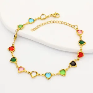 Stainless Steel Heart Anklet For Women Gold Plated Colorful Heart Charm Foot Chain Multi-color Heart Jewelry Adjustable Anklet