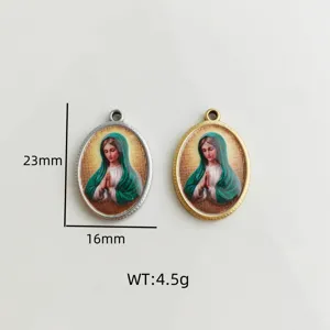 Detalle del colgante de la Virgen María en acero inoxidable incluyendo medidas y peso