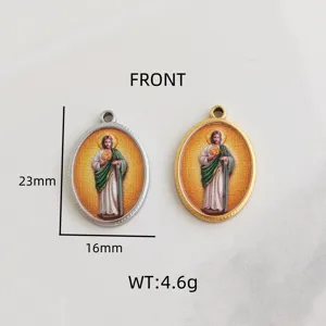 Detailed front view of stainless steel St. Jude oval pendants with 23mm x 16mm dimensions