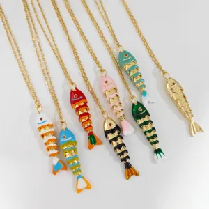 Collar con Colgante de Pez Móvil de Acero Inoxidable Esmalte Océano Animal Marino Cadena de Hueso Articulada para Mujer