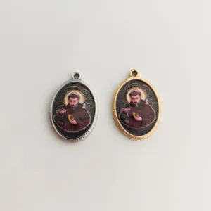 Vintage Stainless Steel Oval Religious Saint Francis Portrait Pendant For DIY Rosary Necklace Bracelet Making Jewelry Accessory