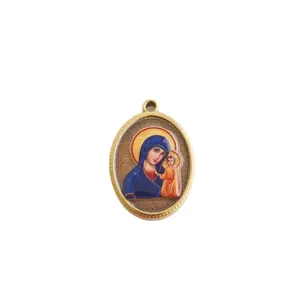 Vintage golden stainless steel oval pendant featuring religious Virgin Mary icon illustration