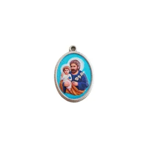 Ciondolo religioso ovale in acciaio inossidabile con ritratto colorato di San Giuseppe