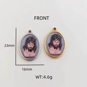 Detail view of 3D printed Jesus portrait oval pendants with dimensions 23x16mm and 4.6g weight.