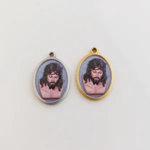 Stainless Steel Jesus Portrait Religious Pendant 3D Printed Oval Medal Charm For Rosary Making DIY Jewelry Findings Accessory