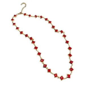 Elegant gold-plated stainless steel necklace with diamond-shaped red stones for women
