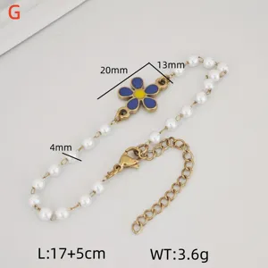 Detailed view of stainless steel faux pearl daisy bracelet with dimensions shown