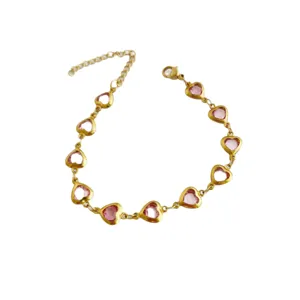 Elegant gold stainless steel heart link bracelet with pink crystal stones for women