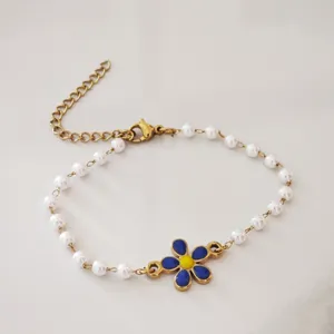 Stainless Steel Artificial Pearl Daisy Bracelet For Women Gold Plated Oil Dripping Flower Charm Adjustable Chain Bracelet Fashion Jewelry Gift
