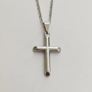 Stainless Steel Cylindrical Cross Pendant Necklace For Men Women Minimalist Simple Geometric Silver Color Cross Necklace Jewelry Gift