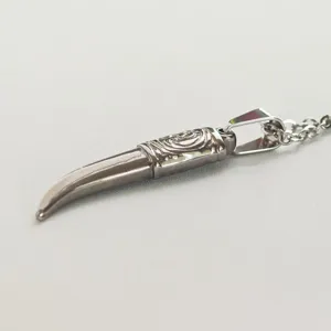 Detailed macro shot of a silver stainless steel wolf tooth pendant with retro engraving