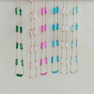 Minimalist Stainless Steel Bamboo Shape Colorful Bead Necklace Fashion Resin Jointed Chain Necklace For Women Jewelry Gift