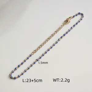 Detail of bohemian stainless steel anklet with blue enamel beads and 1.5mm size.