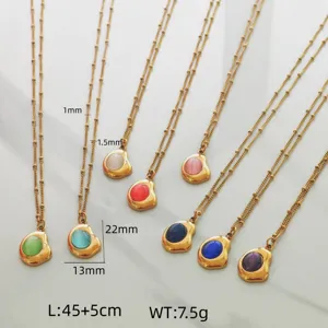 Detailed view of various colorful stone necklaces with size and weight parameters.