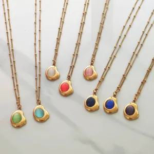 Vintage 18K Gold Plated Stainless Steel Bean Pendant Necklace For Women Retro Organic Lava Stone Inlaid Satellite Chain
