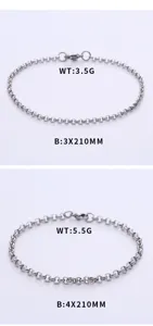 Detailed view of stainless steel chain bracelets in two different weights and sizes.
