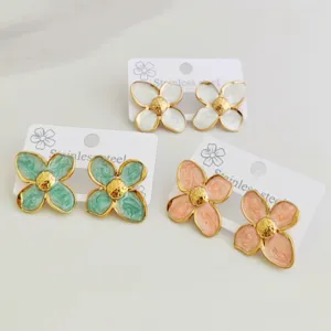 Vintage Palace Four Petal Flower Stud Earrings For Women Stainless Steel Enamel Earrings Elegant Drip Glaze Jewelry Gift