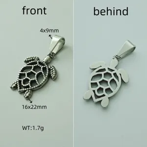 Sea turtle stainless steel pendant front and back views with dimensions 16x22mm 1.7g