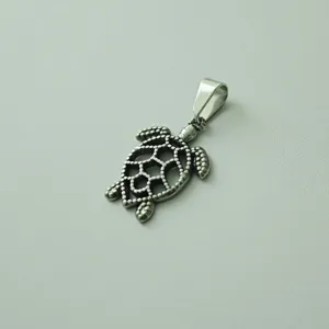 Detail shot of a silver stainless steel turtle pendant with an intricate lattice shell