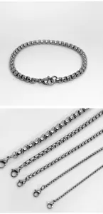 Detail view showing multiple widths of stainless steel box chain bracelets for unisex.