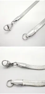 Close-up of stainless steel flat snake chain necklace with secure lobster clasp